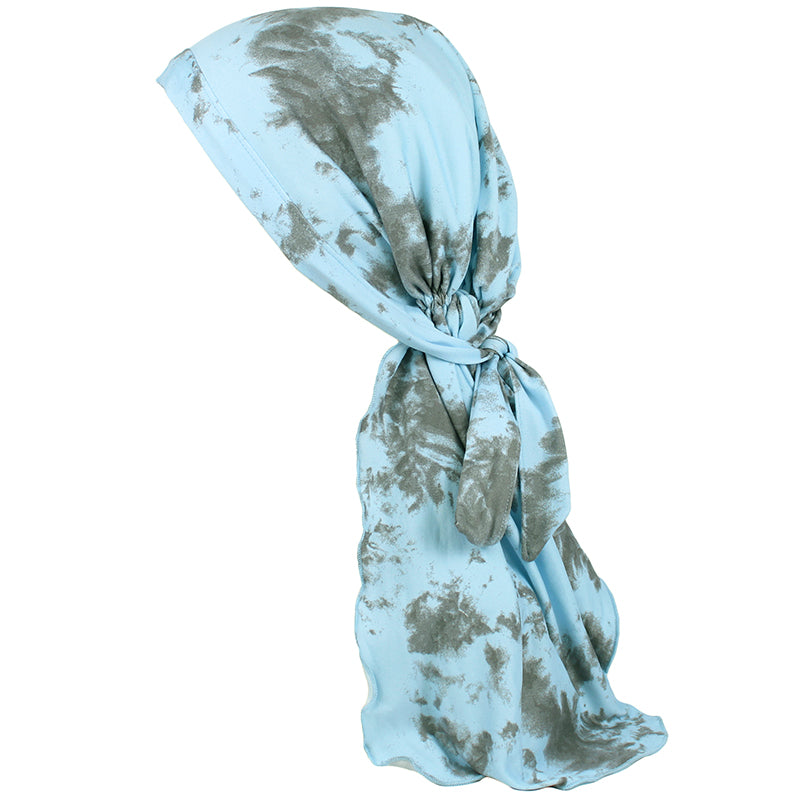 Blue and gray tie-dye headscarf on a white background